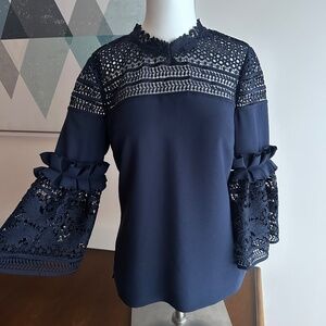 Ted Baker⎪NWT Poppy Navy Lace Trim Bell Sleeve Top